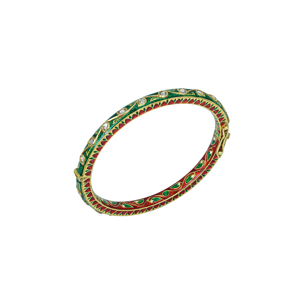 Polki Bangle with Green and Red Enamel Floral Design